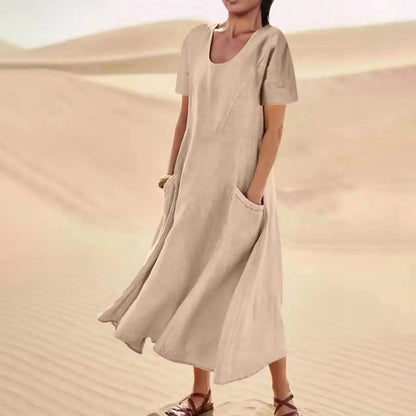 Robe Longue Femme Coton Lin – Manches Courtes, Légère & Avec Poches