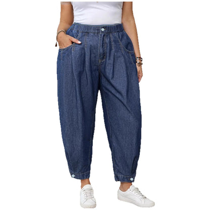 Jean Ample Femme Taille Élastique – Coupe Ballon Rétro Bleu Lavé