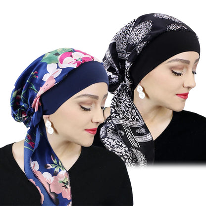 Foulard turban femme 🌸 – Pré-noué, élastique & imprimé chic