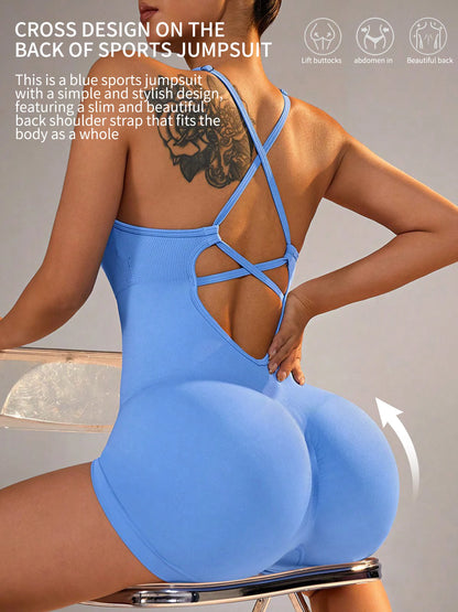 Combinaison Fitness Femme – Dos Nu, Scrunch Short & Bretelles Croisées
