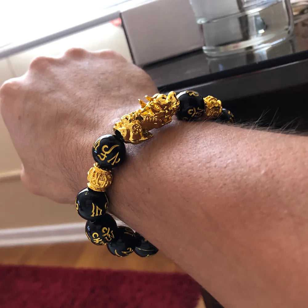 Bracelets en obsidienne noire Feng Shui pour hommes et femmes, perles en pierre d'obsidienne, bracelet Pixiu Rick, bijoux porte-bonheur, 2 pièces