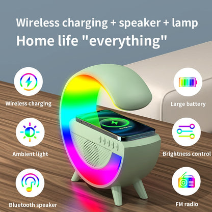 Support de chargeur sans fil multifonctionnel avec haut-parleur, veilleuse TF RGB, station de charge rapide pour tous types de smartphones