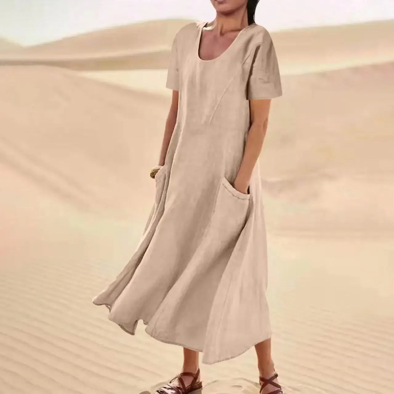 Robe Longue Femme Coton Lin – Manches Courtes, Légère & Avec Poches