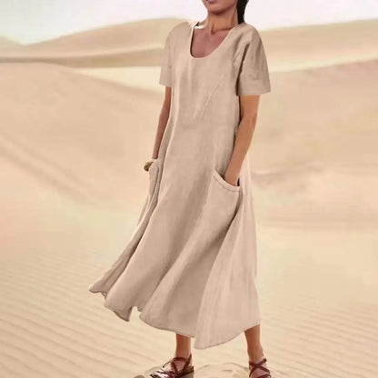 Robe Longue Femme Coton Lin – Manches Courtes, Légère & Avec Poches