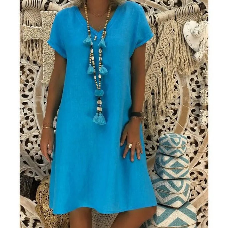 Robe Femme Col V Unie – Manches Courtes, Casual & Confortable