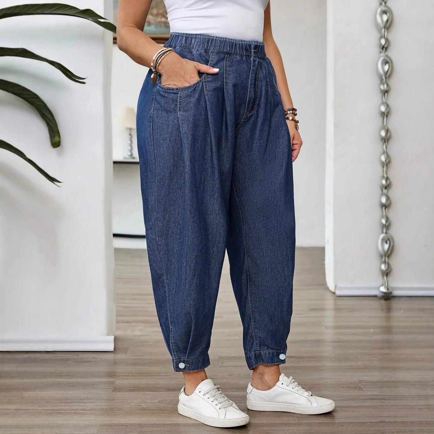 Jean Ample Femme Taille Élastique – Coupe Ballon Rétro Bleu Lavé