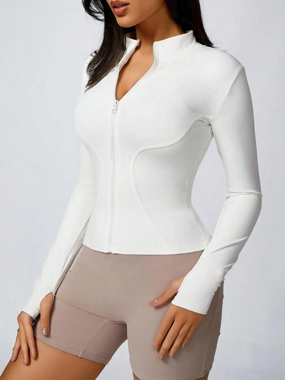 Veste de Sport Femme – Zip Col Montant, Manches Longues Fitness