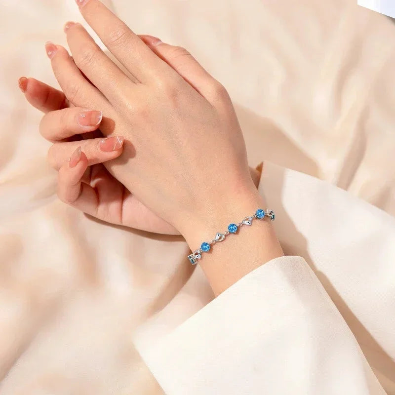 Bracelet Cœur Océan Argent 925 – Cristal Bleu Femme