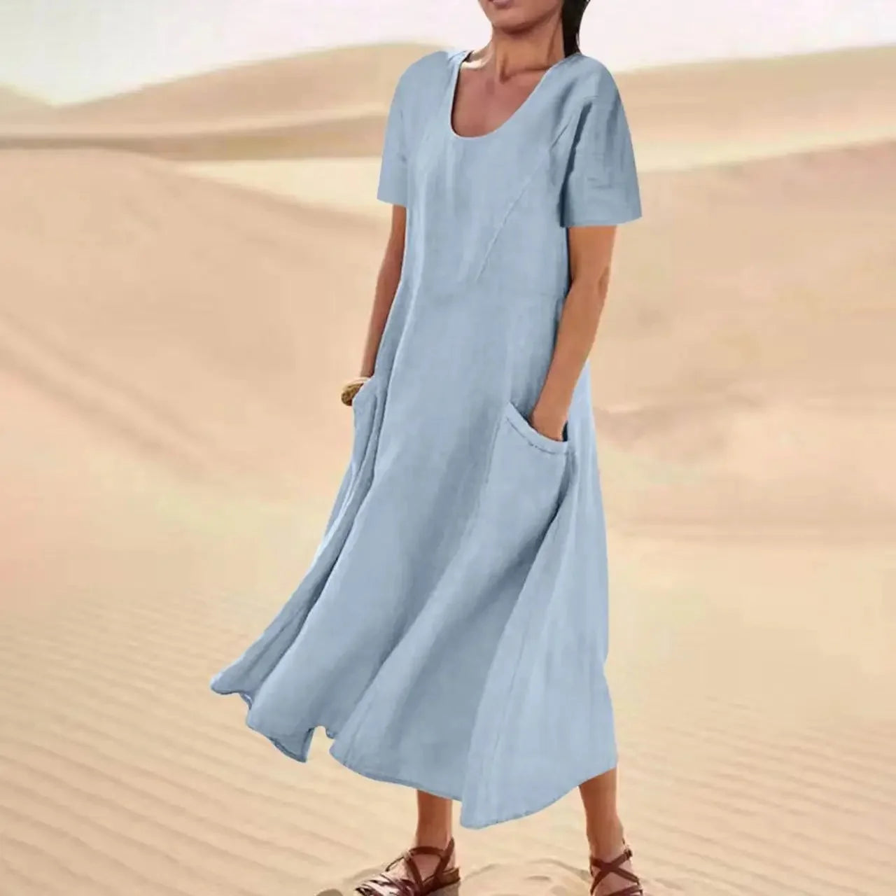Robe Longue Femme Coton Lin – Manches Courtes, Légère & Avec Poches