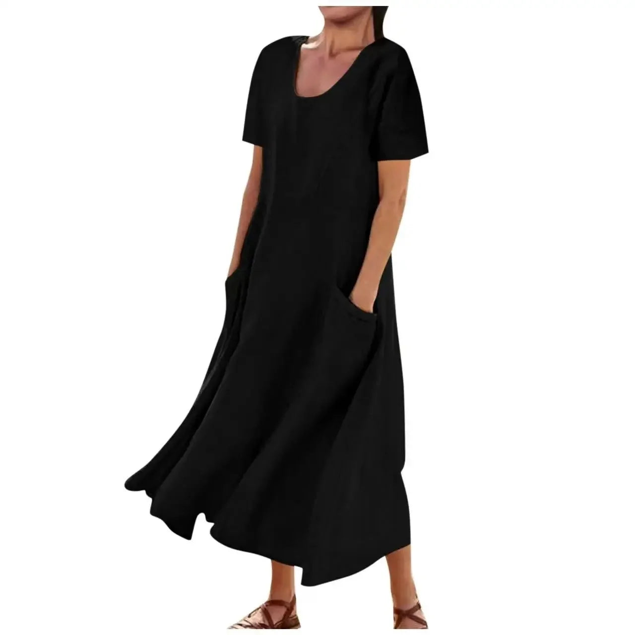 Robe Longue Femme Coton Lin – Manches Courtes, Légère & Avec Poches