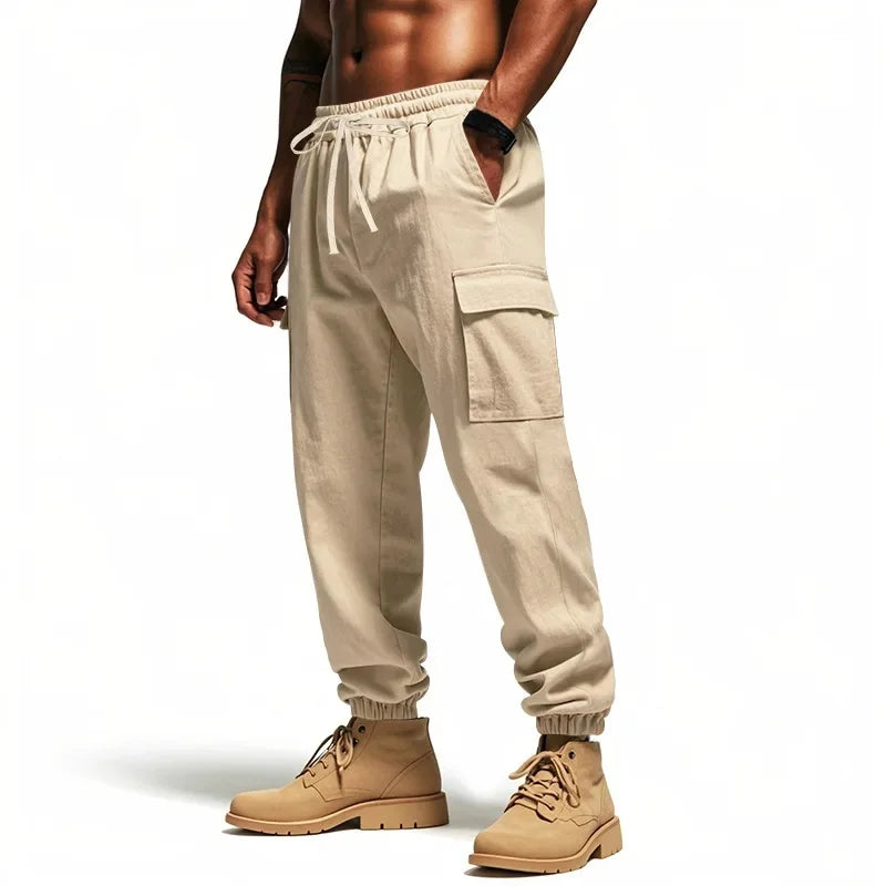Pantalon Cargo Homme Coton – Décontracté Outdoor, Taille Cordon