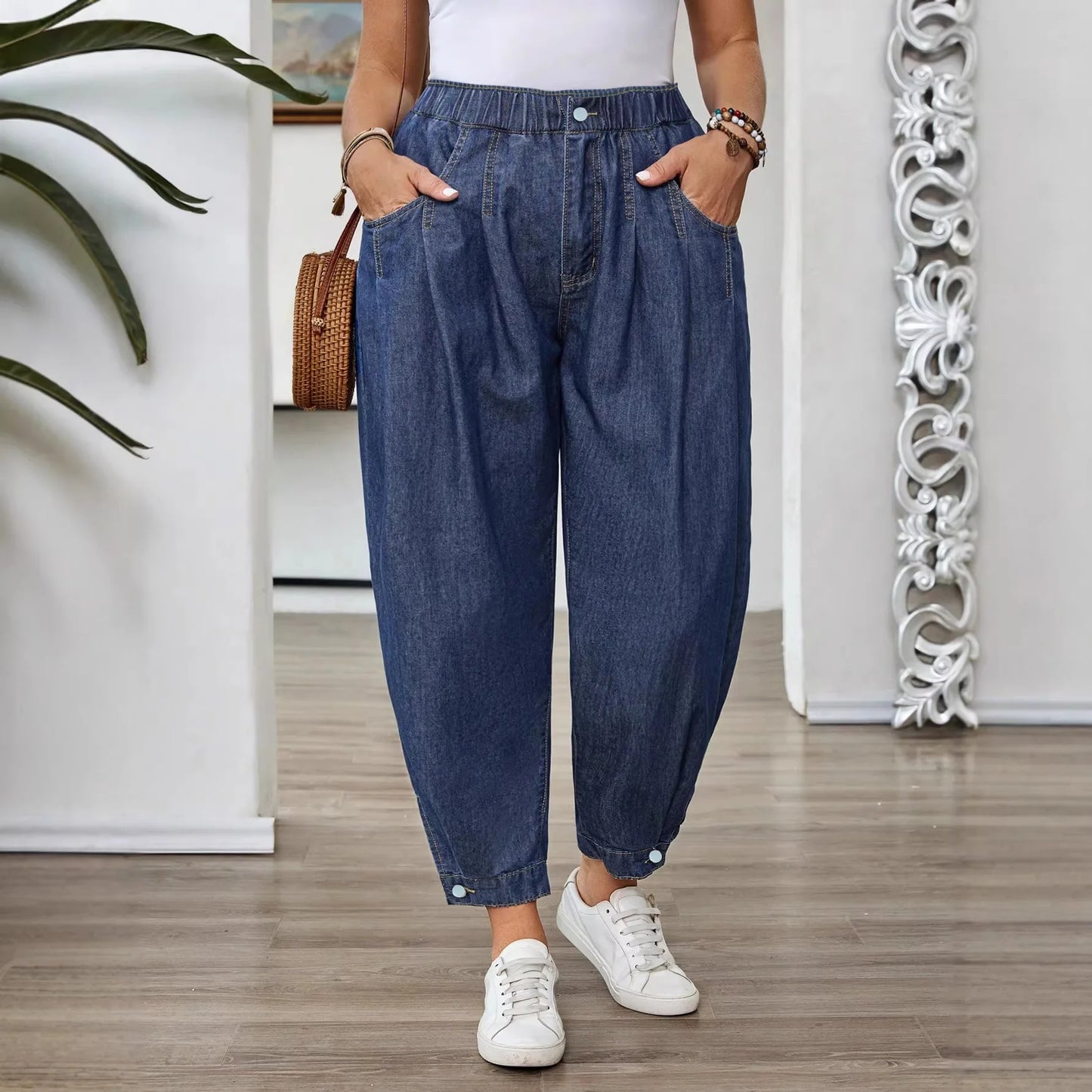 Jean Ample Femme Taille Élastique – Coupe Ballon Rétro Bleu Lavé