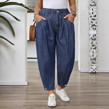 Jean Ample Femme Taille Élastique – Coupe Ballon Rétro Bleu Lavé