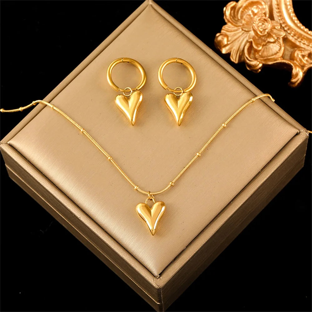 Set Bijoux Cœur Femme – Collier, Bracelet & Boucles Plaqué Or 18K