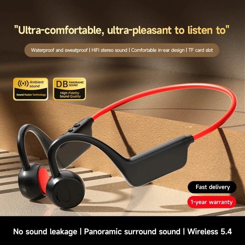Écouteurs Sport Bluetooth 5.4 Open-Ear – Type Conduction Osseuse, IPX8 & Running