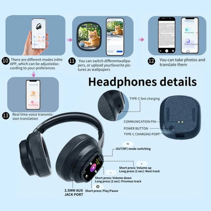 Casque Bluetooth ANC avec Écran LCD Tactile – Basses, Micro HD & Gaming