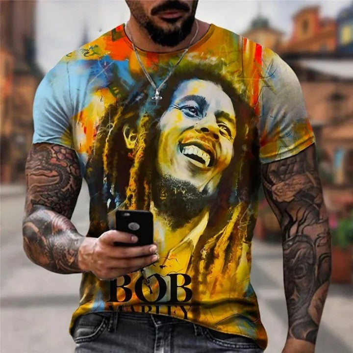 T-shirt à Manches Courtes et Col Rond pour Homme, Cool Rock, Bob, Marley, Imprimé, Rue, Hip-Hop, Personnalité