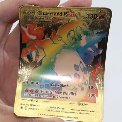 Cartes Pokémon en Métal Or Argent, Modèle FR,ES,EN Vmax GX, Carte d'Énergie, Collection Rare, Pikachu et Dracaufeu, Idée Cadeau