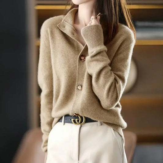 Cardigan femme kaki 🧥 – Gilet chaud automne hiver style coréen