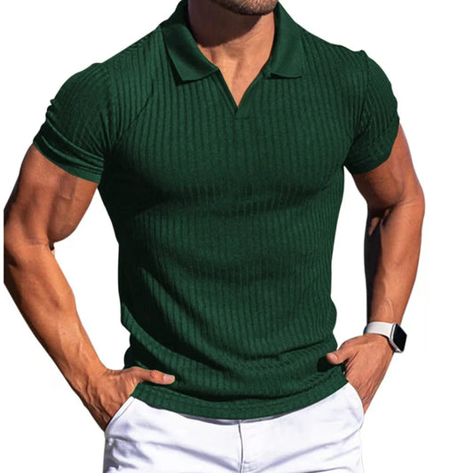 👉 T-shirt homme slim col rabattu – manches courtes été, printemps/automne mode casual