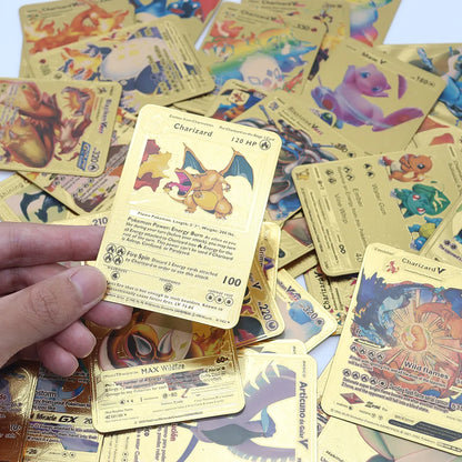 Cartes Pokémon en Métal Or Argent, Modèle FR,ES,EN Vmax GX, Carte d'Énergie, Collection Rare, Pikachu et Dracaufeu, Idée Cadeau