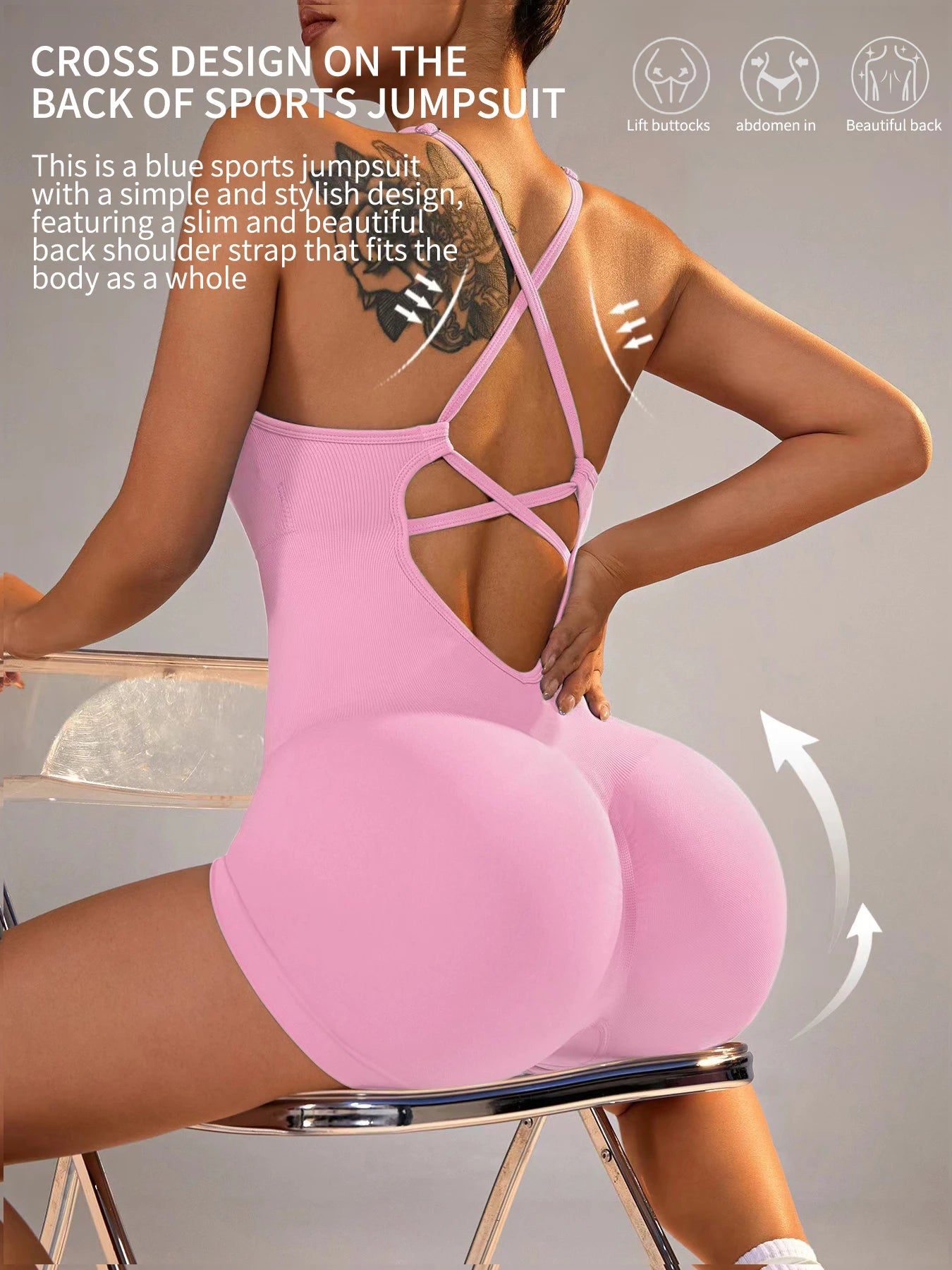 Combinaison Fitness Femme – Dos Nu, Scrunch Short & Bretelles Croisées