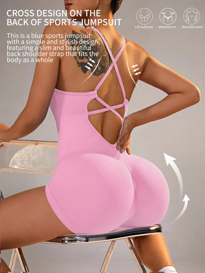 Combinaison Fitness Femme – Dos Nu, Scrunch Short & Bretelles Croisées