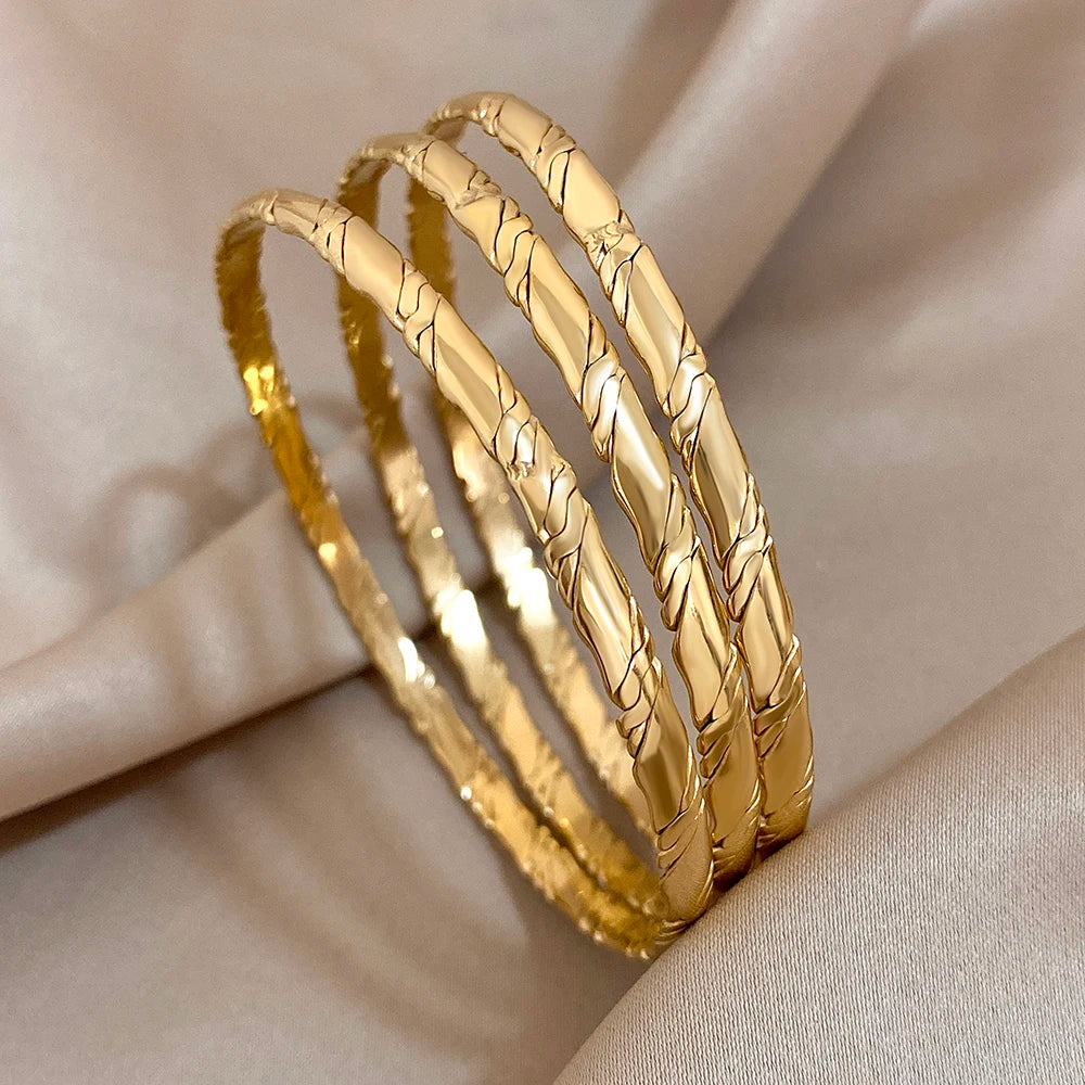 Lot de 3 Bracelets Joncs Dorés Femme – Acier Inoxydable Torsadé