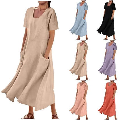 Robe Longue Femme Coton Lin – Manches Courtes, Légère & Avec Poches
