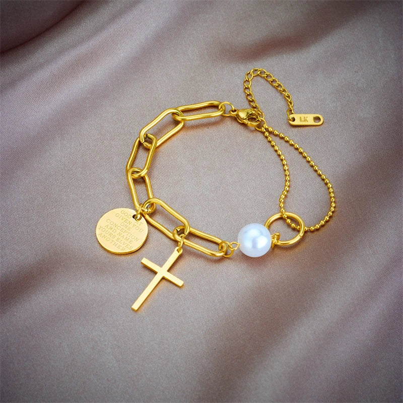 Bracelet Femme Croix & Cœur – Plaqué Or