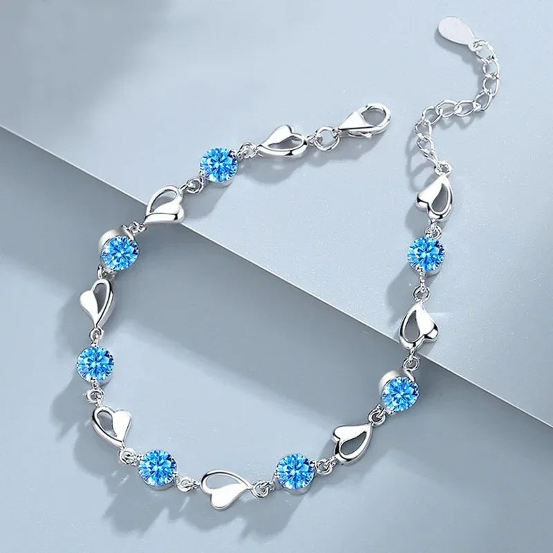 Bracelet Cœur Océan Argent 925 – Cristal Bleu Femme