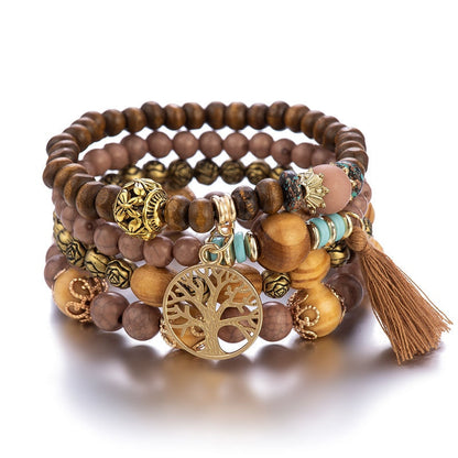 Ensemble de bracelets en perles de style bohémien avec arbre de vie pour femmes, perles en bois faites à la main, chaîne, Bracelet femme, 4 pièces