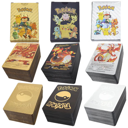 Cartes Pokémon en Métal Or Argent, Modèle FR,ES,EN Vmax GX, Carte d'Énergie, Collection Rare, Pikachu et Dracaufeu, Idée Cadeau