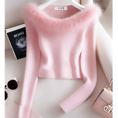 👉 Pull court femme épaules dénudées col fausse fourrure – chic & chaud