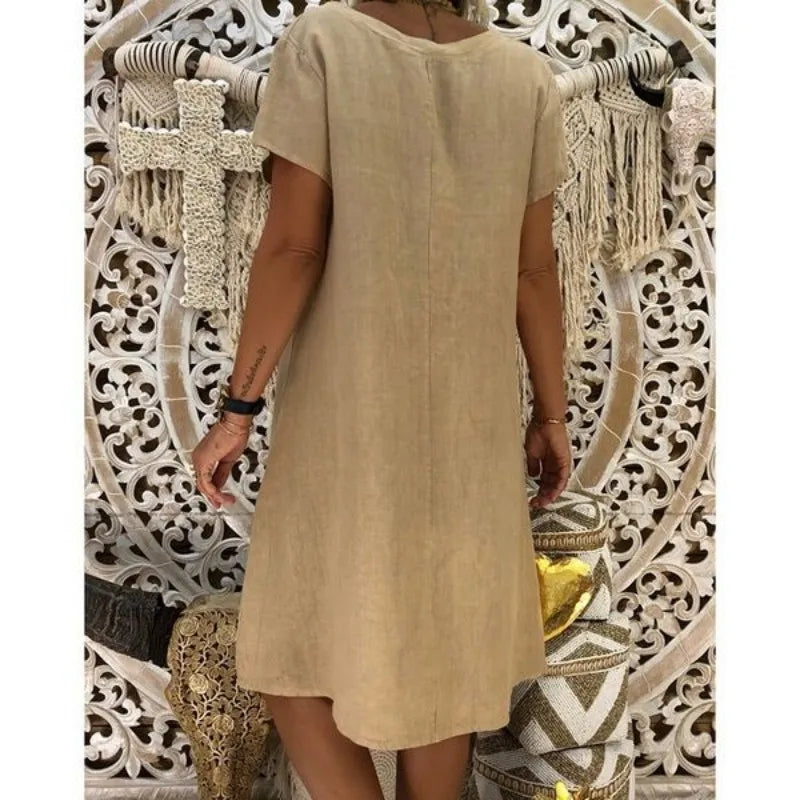 Robe Femme Col V Unie – Manches Courtes, Casual & Confortable