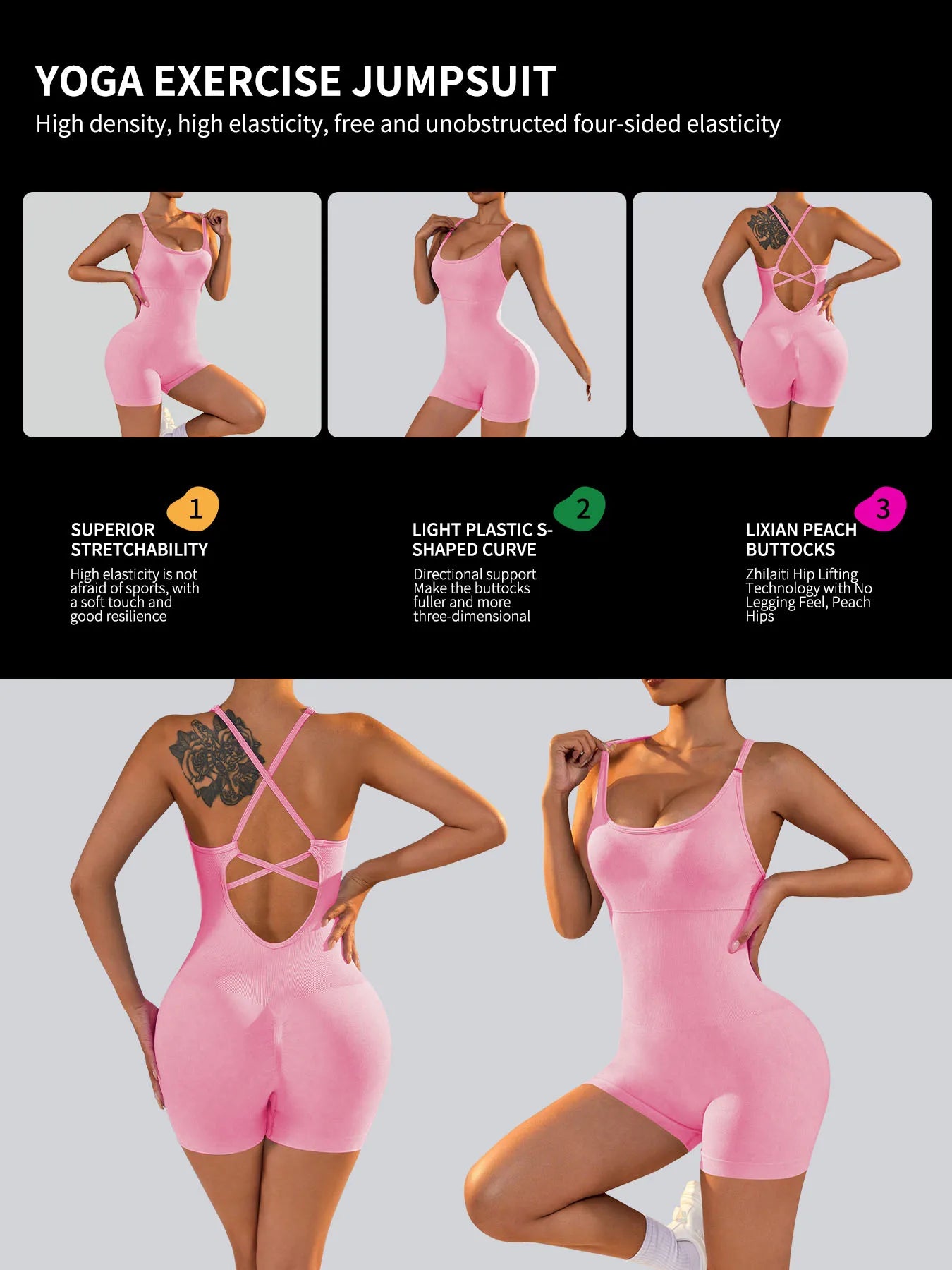 Combinaison Fitness Femme – Dos Nu, Scrunch Short & Bretelles Croisées