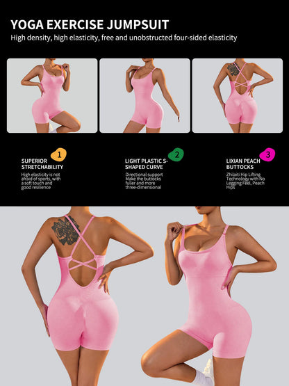 Combinaison Fitness Femme – Dos Nu, Scrunch Short & Bretelles Croisées