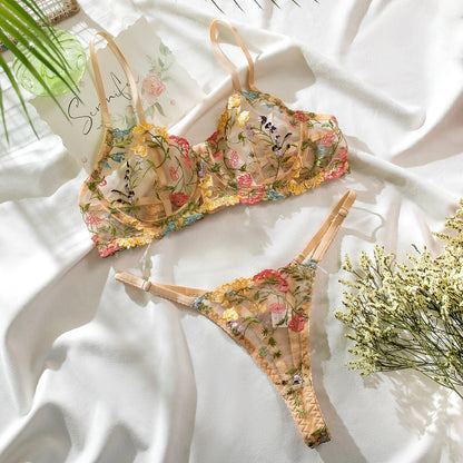 Ensemble de soutien-gorge et culotte en dentelle pour femmes, 2 pièces, broderie florale, sous-vêtements transparents, kaki