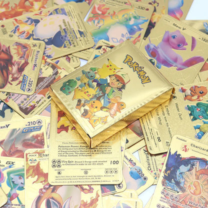 Cartes Pokémon en Métal Or Argent, Modèle FR,ES,EN Vmax GX, Carte d'Énergie, Collection Rare, Pikachu et Dracaufeu, Idée Cadeau