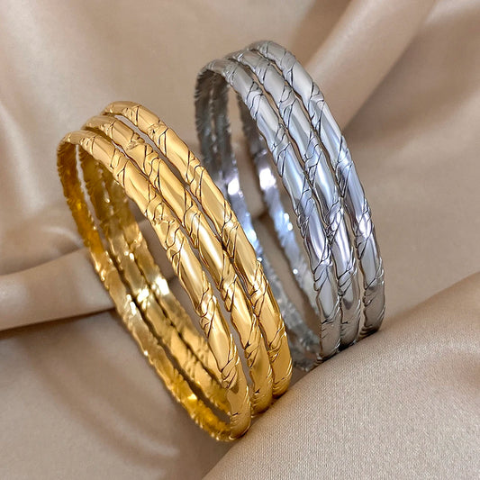 Lot de 3 Bracelets Joncs Dorés Femme – Acier Inoxydable Torsadé