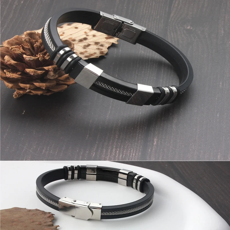 Bracelet Homme Acier & Silicone – Style Punk Moderne