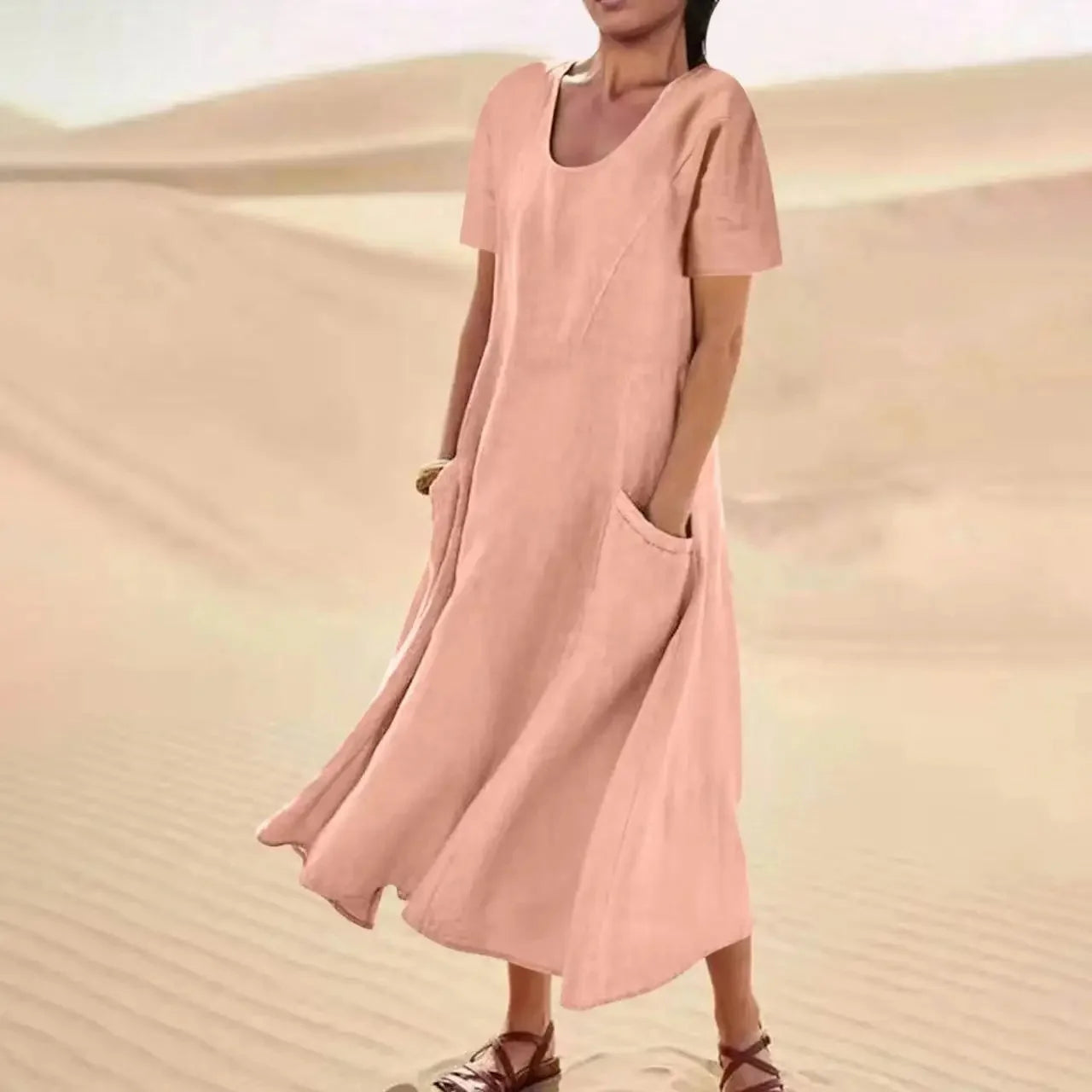 Robe Longue Femme Coton Lin – Manches Courtes, Légère & Avec Poches