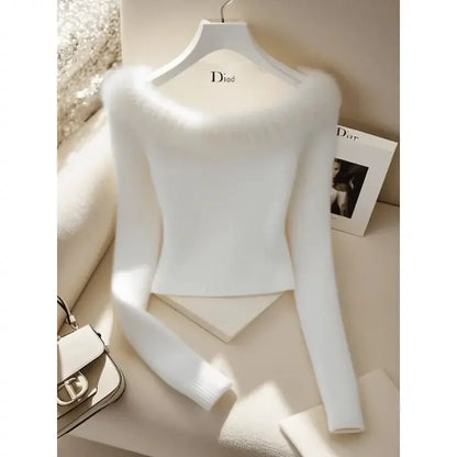 👉 Pull court femme épaules dénudées col fausse fourrure – chic & chaud