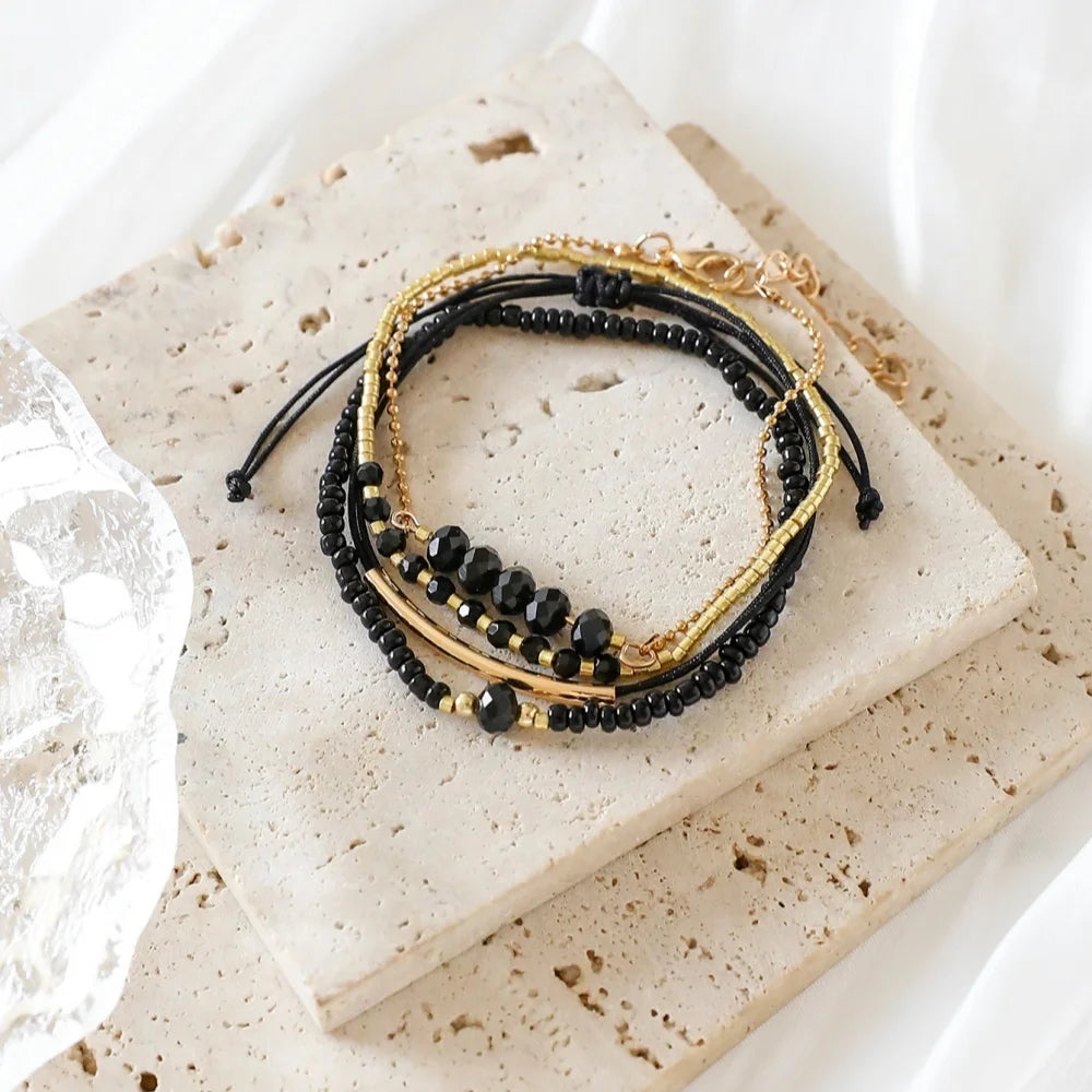 Bracelets Bohème Noirs 4pcs – Perles & Pierres Verre