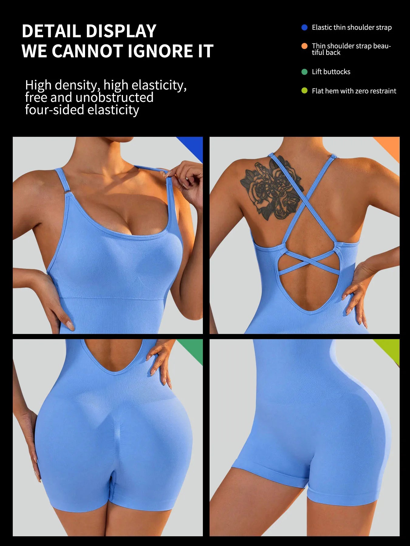 Combinaison Fitness Femme – Dos Nu, Scrunch Short & Bretelles Croisées