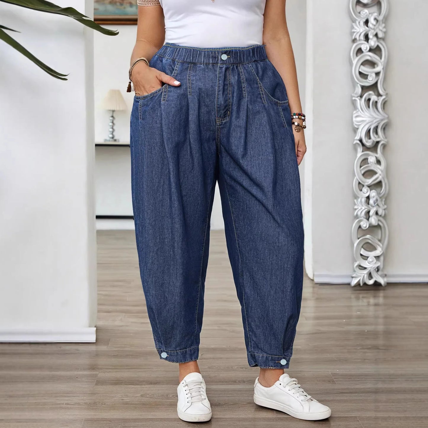 Jean Ample Femme Taille Élastique – Coupe Ballon Rétro Bleu Lavé