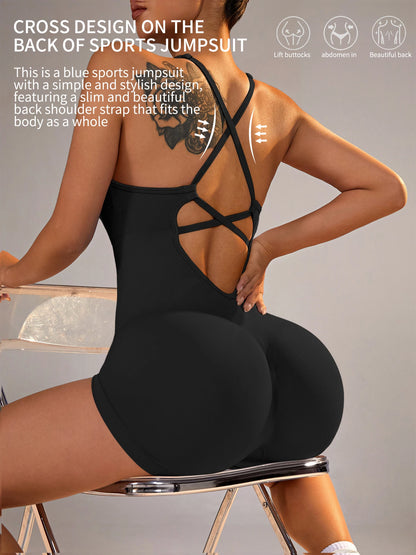 Combinaison Fitness Femme – Dos Nu, Scrunch Short & Bretelles Croisées