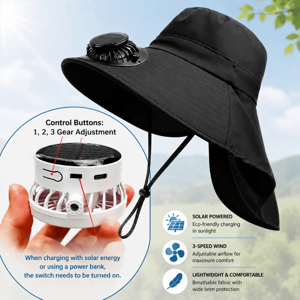 Chapeau Ventilateur Solaire  et Rechargeable USB – 800 mAh, Été & Activités Extérieures