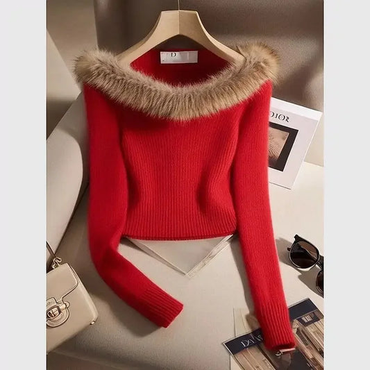 👉 Pull court femme épaules dénudées col fausse fourrure – chic & chaud