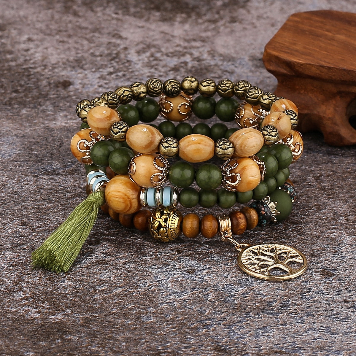 Ensemble de bracelets en perles de style bohémien avec arbre de vie pour femmes, perles en bois faites à la main, chaîne, Bracelet femme, 4 pièces